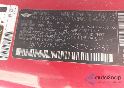 2008 Mini Cooper S из США, поврежденный, VIN WMWMF73598TV32869